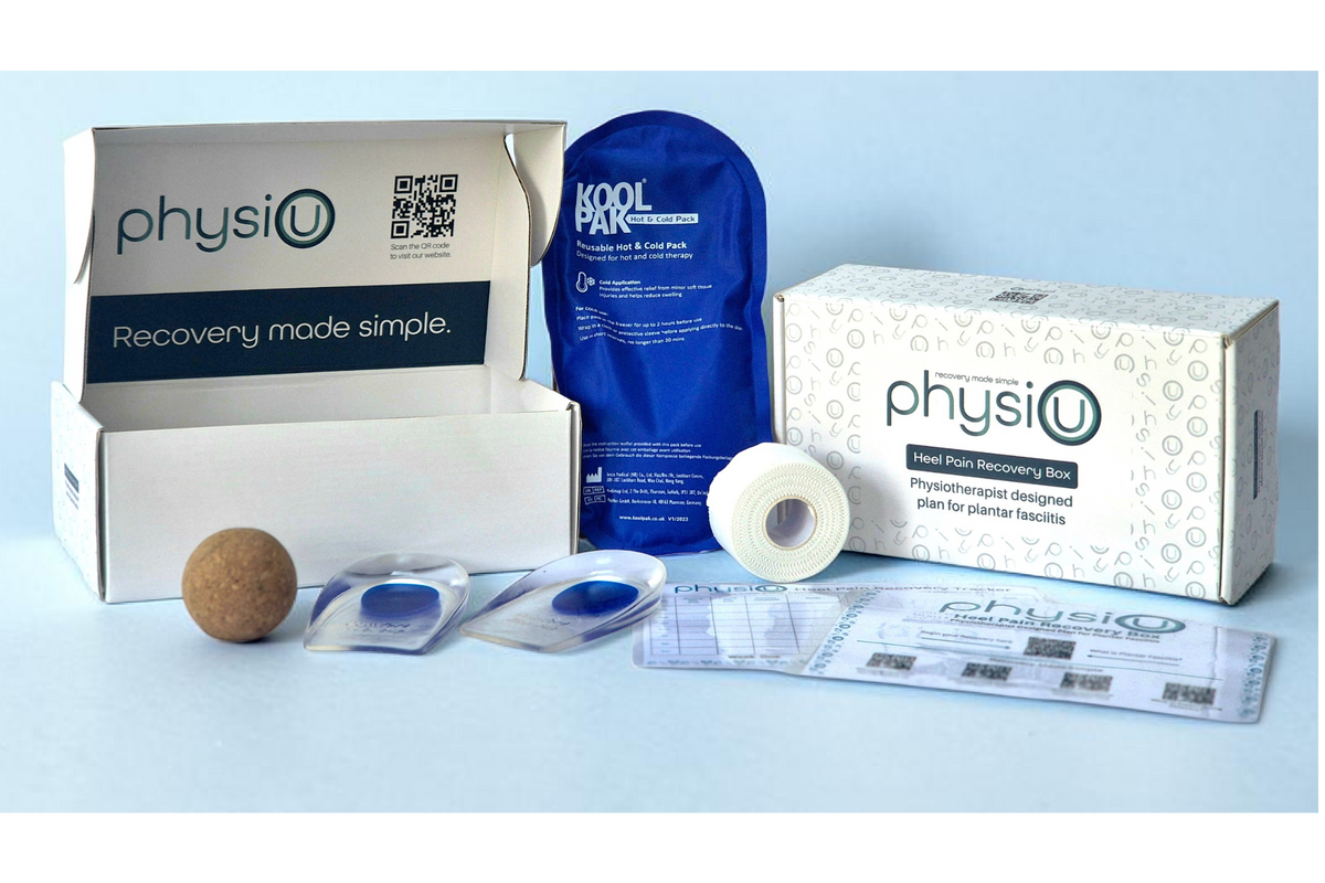 Heel Pain Recovery Box
- Step by Step guidance
- Cork massage ball
- Zinc Oxide Tape
- Reusable Hot/ Cold Pack 
- Gel Heel Inserts
- Exercise Tracker
- Simple Daily Plan